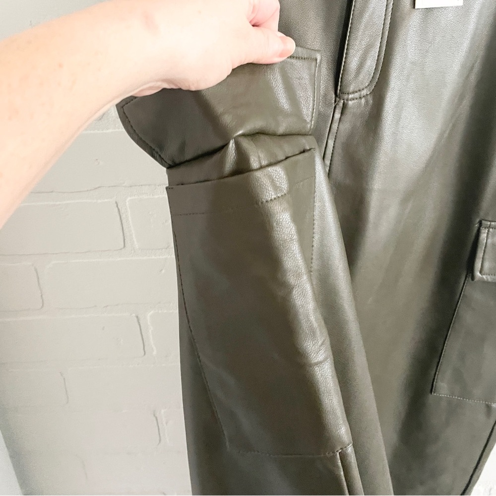 Y2K Vegan Leather Cargo Maxi Skirt Olive Khaki Utility Statement Sz L - Picture 10 of 16
